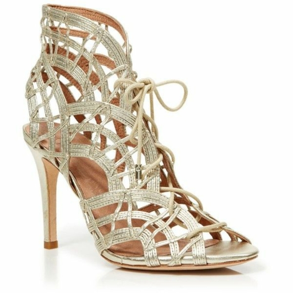 Joie Shoes - Joie Sexy Caged Gold Leather Tie Up Strappy Heels
